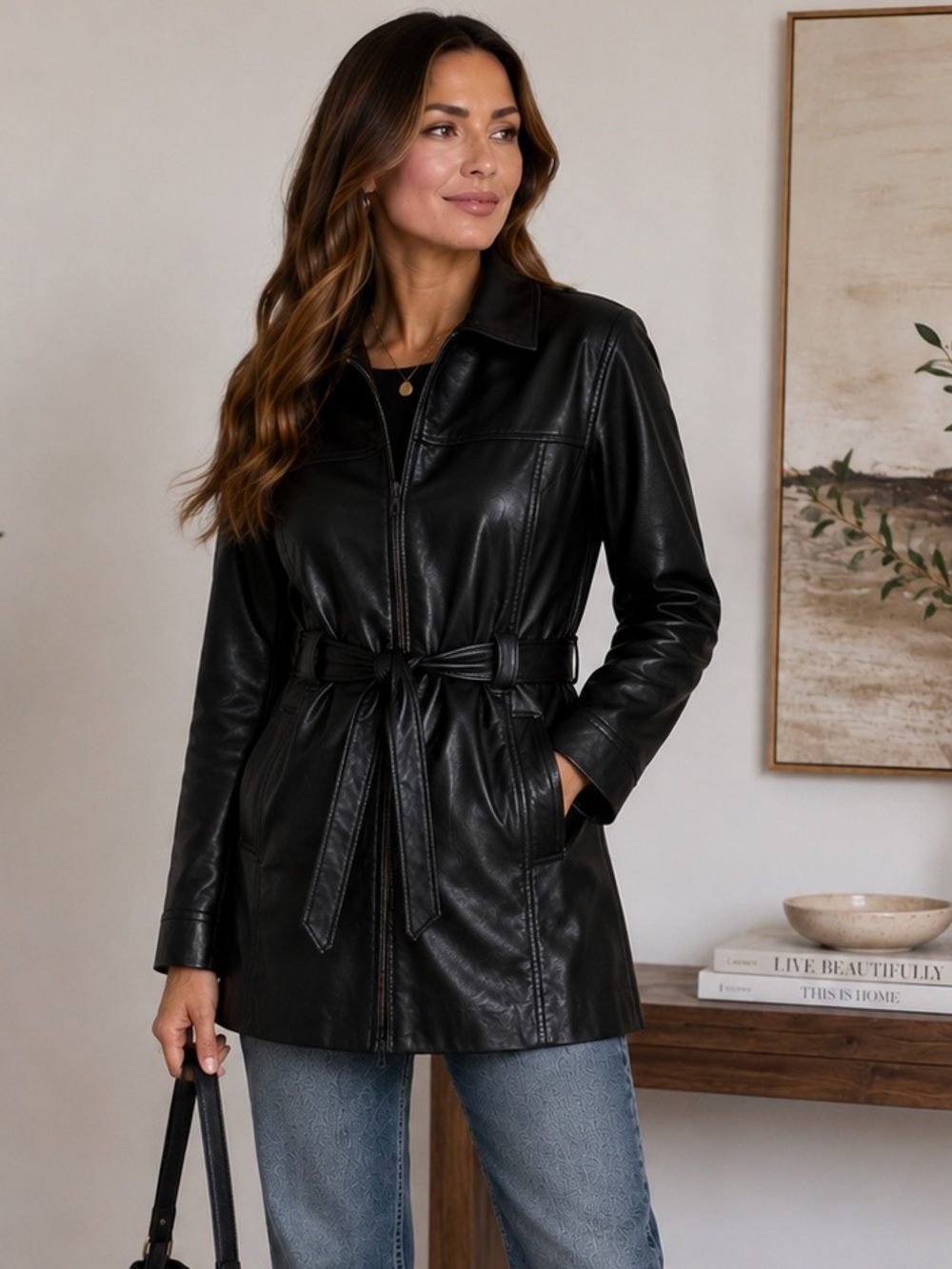 Vintage Jacqueline Ferrar Lambskin Leather Belted Jacket Black M 90s